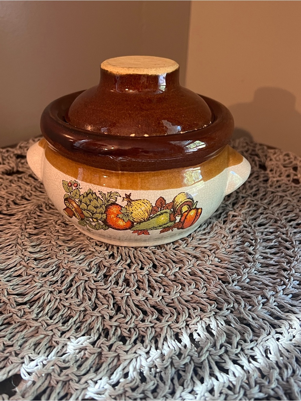 Vintage McCoy small crock with lid Fruit Festival bean pot stoneware